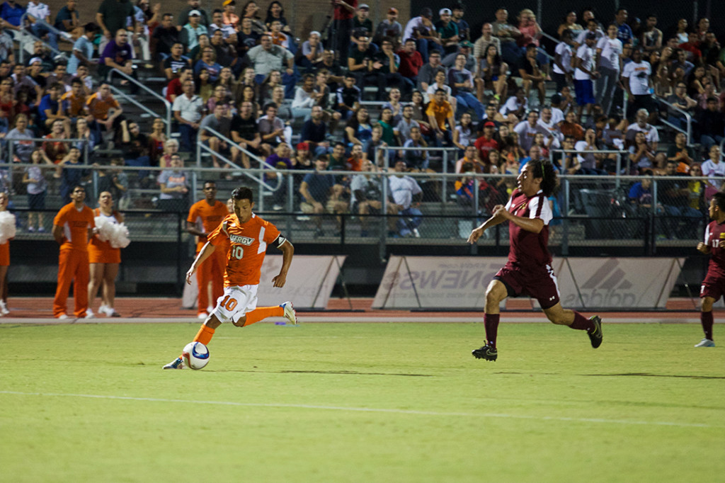 Senior captain and midfielder Juanito Garcia looks to create a scoring opportunity against Laredo Community College in March at the UTRGV Soccer and Track & Field Complex. PHOTO COURTESY JESICA GONZALEZ