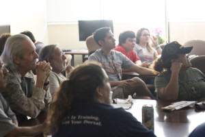 Members of the Geology Club watch a slideshow of their trip to the White Shaman Preserve last Tuesday in the Physical Science Building. Gabriel Mata/The Rider Photos