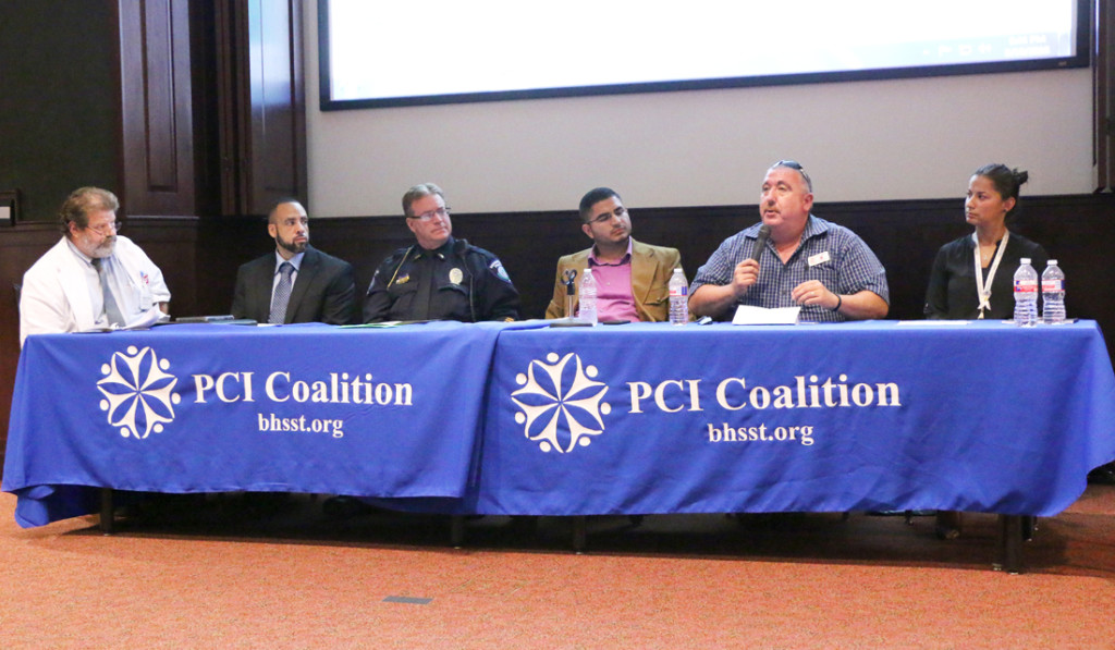 Robert Rios, a pharmacist at Walgreens in Brownsville (from left); Jason Bradford, a DEA special agent; Mark Elbert, a Brownsville Police Department officer; Jorge Muñoz, UTRGV counselor specialist; Ruben Garcia, clinical director of the Mesquite Treatment Center; and Elizabeth Urbina, a prevention specialist for Behavioral Health Solutions of South Texas, formed the panel for the first town hall meeting hosted by the Positive Community Impact Coalition. They spoke about the misuse of prescription and nonprescription drugs, parents’ responsibilities regarding health care and the importance of teaching the community about these issues Sept. 19 at Salón Cassia in Brownsville./Ana Cahuiche/ The Rider