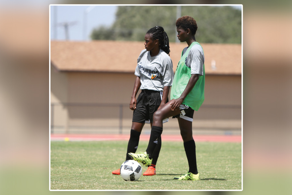 Forward Sarah Bonney and midfielder Diana Ansah are shown during practice last Thursday at the UTRGV Soccer and Track & Field Complex in Edinburg./Lesley Robles/The Rider