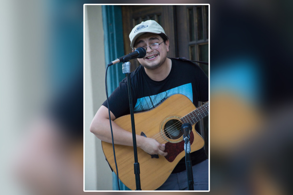 Andrew Mendoza, lead singer for the band In Shades, performs at the Frontera Audubon’s acoustic night on the lawn. Musicians were invited to perform acoustic sets last Tuesday as an audience sat on the lawn of Frontera Audubon in Weslaco, where food was sold and donations were accepted./Gabriel Mata/The Rider.