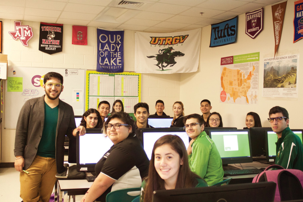 Marcos Silva, co-founder of Border Kids Code and an Advancement Via Individual Determination-ACT Test Preparation educator at Idea Quest in Edinburg with his students./Brenda Garza/The Rider