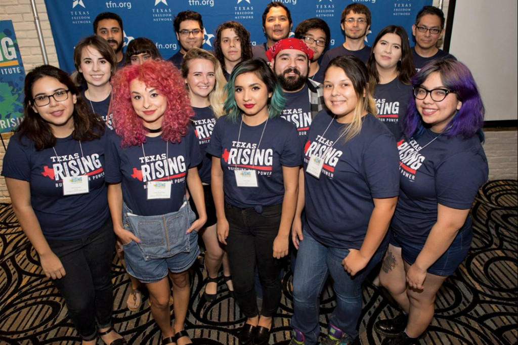 Members of the Texas Freedom Network include (front row, from left) Nina Zamarripa, Rene Jane, Ofelia Alonso, Marlaina Vela and Scarlet Urbin. Second row: Sandra Barba, Sarah Godwin, Omar Casas and Ana Hernandez. Back row: Field organizer Ruben Garza, Monica Varela, Jacob Ramirez, Gill Agustin, Kevin Galaviz, Kristian Nepomuceno, Gabe Galvan and Rejo Reta./Photo Coutesy Texas Freedom Network media