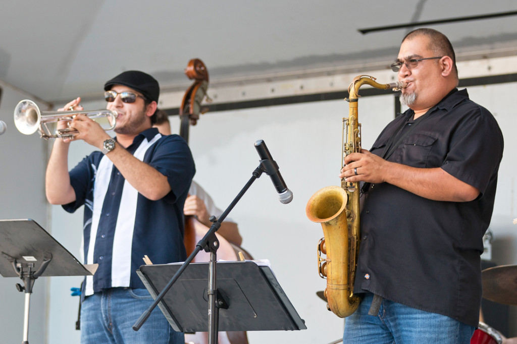 Trumpeter Danny Garcia and saxophonist Joe Chapa perform as part of the quintet, Joe Chapa Group, during the Brownsville Latin Jazz Festival Oct. 16 in Downtown Brownsville./Mario Gonzalez/The Rider