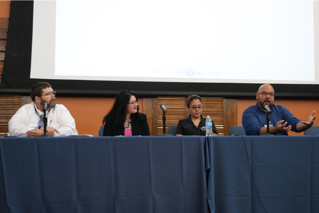 Rick Gipprich Jr. (right), Regional Outreach and Support program director of the Texas Association Against Sexual Assault (TAASA), answers questions on the challenges of addressing sexual assault during the panel discussion at the CAVE conference last Wednesday on the Brownsville campus. Also shown on the panel are Doug Stoves (from left), associate dean of students and director of Student Rights and Responsibilities; Alicia Morley, Title IX coordinator and director of the Office of Institutional Equity; and Priscilla Palacios, program coordinator for the Office for Victim Advocacy and Violence Prevention at the University of Texas Rio Grande Valley./Michelllle Espinoza/The Rider