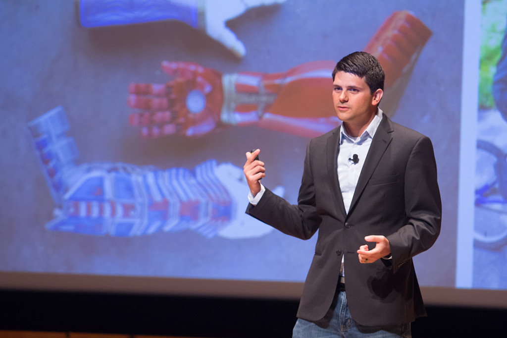 Limbitless Solutions founder Albert Manero shows the designs of various 3-D robotic arms his nonprofit organization created during Student Leadership Day of HESTEC 2016 at the Performing Arts Complex in Edinburg. Manero was the guest speaker last Tuesday at the Distinguished Speaker Series, sponsored by Student Involvement./Gabriel Mata/The Rider