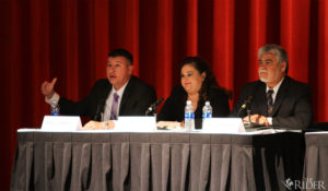 Edinburg’s mayoral candidates Richard Molina, Gina Marie Alamia and incumbent Richard H. Garcia at a forum in the Student Union Theater on the Edinburg campus.