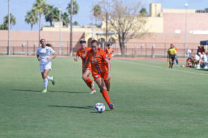 UTRGV junior forward Diandra Aliaga attacks the Chicago State defense in the first half of the team’s 6-0 win Oct. 22 at the UTRGV Soccer and Track & Field Complex.