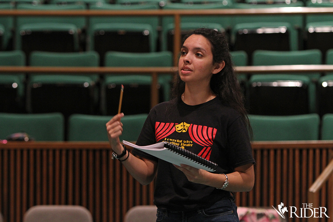 Theatre senior and student director Sabrina Rodriguez guides the actors as they rehearse their lines for the play, “Get Out and Play: A Play About Playing,” which will be performed in the Albert L. Jeffers Theatre on the Edinburg campus.