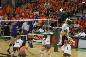 UTRGV outside hitter Barbara Silva elevates for a kill against California State University, Bakersfield in the WAC Tournament Championship match on Nov. 18 in the UTRGV Fieldhouse.