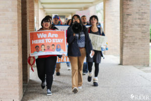 UTRGV students march earlier today through the Bronc Trail on the Edinburg campus to voice their displeasure with President Donald Trump’s rescindment of the DACA program. Protesters urged UTRGV administration to create a Dreamer Center during the rally of the “Solidarity Walkout.”