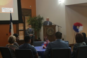 Rand Binford, the education coordinator for the Texas Veterans Commission and U.S. Army veteran, speaks to highlight the value of and respect all veterans deserve for their service to the country during the Veterans Day Ceremony hosted last Wednesday by the UTRGV Military and Veterans Success Center in PlainsCapital Bank El Gran Salón on the Brownsville campus.