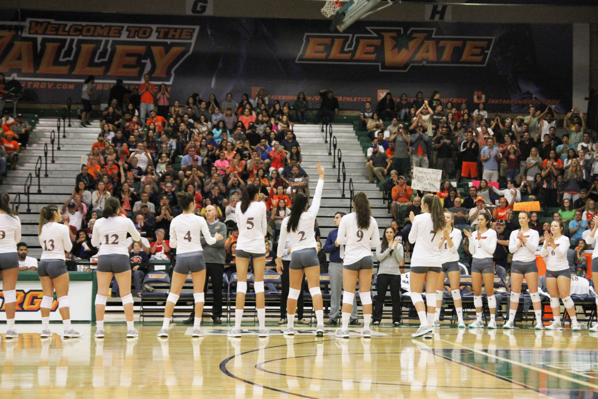 The UTRGV Volleyball Team is introduced to the home-crowd before their semifinals matchup against Utah Valley University yesterday in the UTRGV Fieldhouse. UTRGV won 3-1 to advance to the WAC Tournament for the second year in a row.