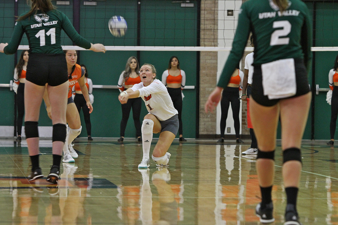 Junior outside hitter Ragni Steen Knudsen bumps the ball during the match against Utah Valley University. UTRGV won the match 3-0.