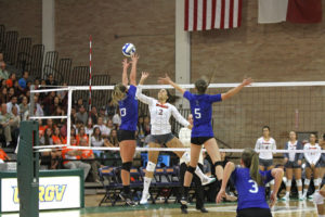 Sophomore middle blocker Barbara Silva goes up for a kill against Texas A&M University-Corpus Christi during the South Texas Showdown on Sept. 13 in the UTRGV Fieldhouse.