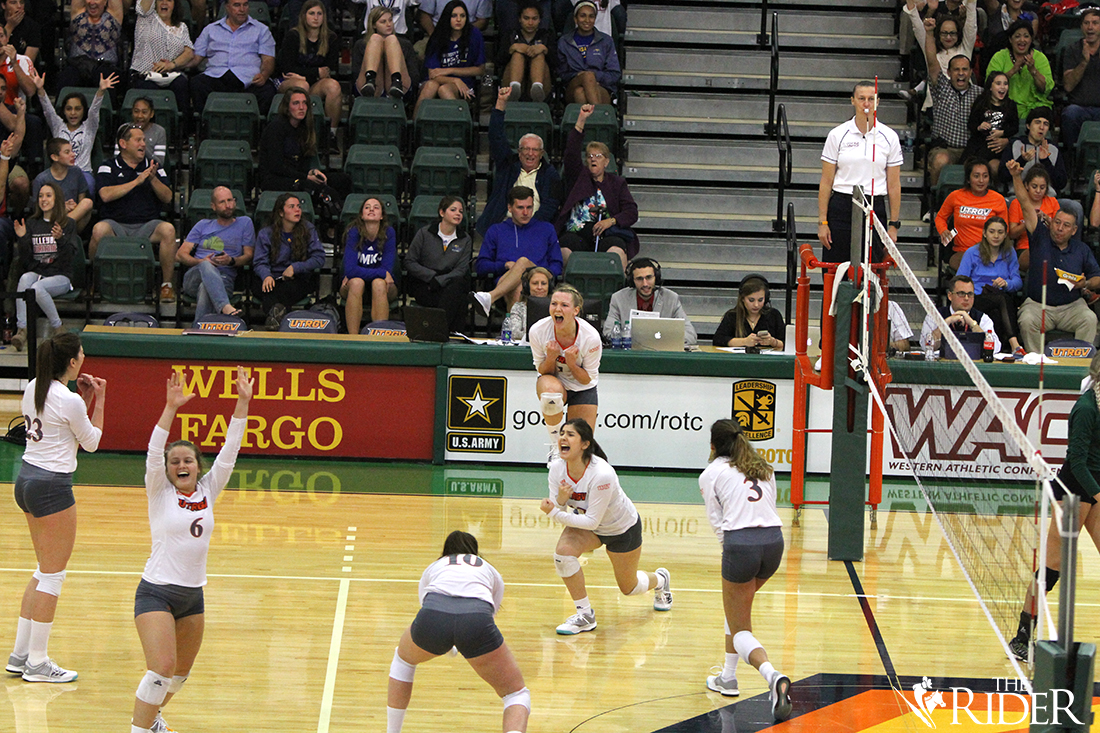 The UTRGV Volleyball Team celebrates a point during its 3-1 victory over Utah Valley University yesterday during the semifinals of the WAC Tournament in the UTRGV Fieldhouse. UTRGV will face California State University, Bakersfield tonight at 7 in the Fieldhouse for the WAC Tournament Championship.