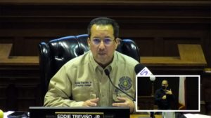 Judge Eddie Trevino speaking during a news conference.