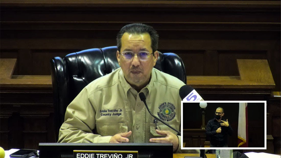 Judge Eddie Trevino speaking during a news conference. 