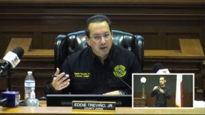 Cameron County Judge Eddie Treviño Jr. speaks during a news conference Tuesday in the Dancy Building in Brownsville regarding the latest updates on COVID-19 and the new measures that must be taken. As of Tuesday, the county reported an additional 359 cases. Also shown is interpreter Mario Medrano. SCREENSHOT TAKEN BY ROXANNA MIRANDA DURING A LIVESTREAM OF THE JAN. 19 CAMERON COUNTY NEWS CONFERENCE