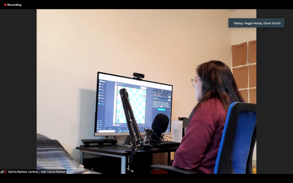 UTRGV Women’s Chess Team player Lorena Garcia Ramon, a doctoral candidate in marketing, competes in the Pan American Intercollegiate Chess Tournament on Jan. 5 via Zoom.   SCREENSHOTS TAKEN BY JACQUELINE WALLACE VIA ZOOM JAN. 5 DURING THE PAN AMERICAN INTERCOLLEGIATE CHESS TOURNAMEN