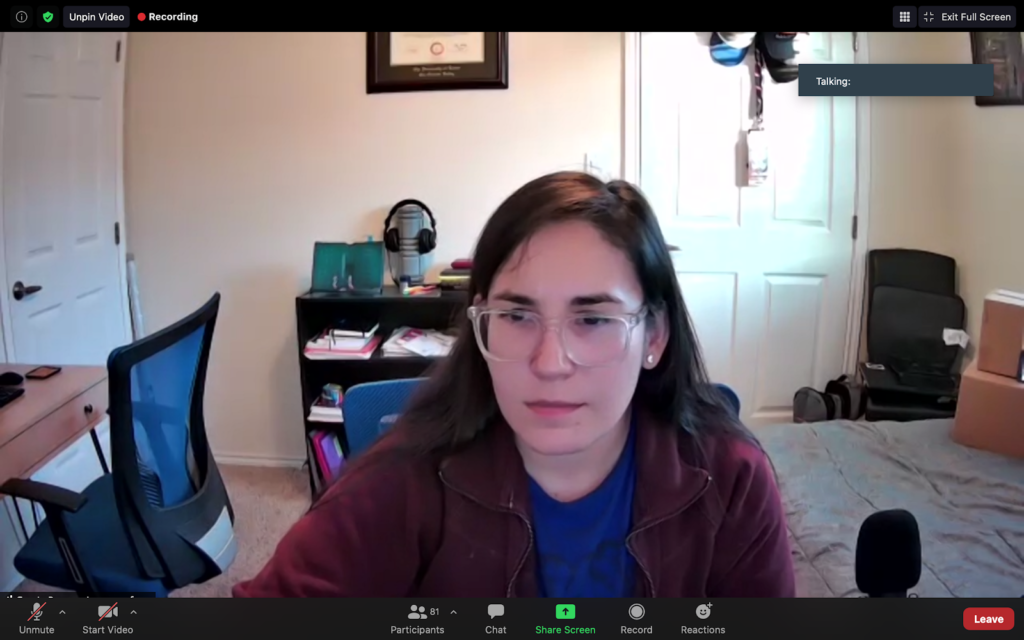 UTRGV Women’s Chess Team player Lorena Garcia Ramon, a doctoral candidate in marketing, competes in the Pan American Intercollegiate Chess Tournament on Jan. 5 via zoom.  SCREENSHOTS TAKEN BY JACQUELINE WALLACE VIA ZOOM JAN. 5 DURING THE PAN AMERICAN INTERCOLLEGIATE CHESS TOURNAMENT