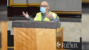 Eduardo “Eddie” Olivarez, chief administrative officer for Hidalgo County Health and Human Services, speaks during a news conference at the PSJA Early College High School, where a COVID-19 vaccination clinic was held Wednesday. Aaliyah Garza/The Rider Photos