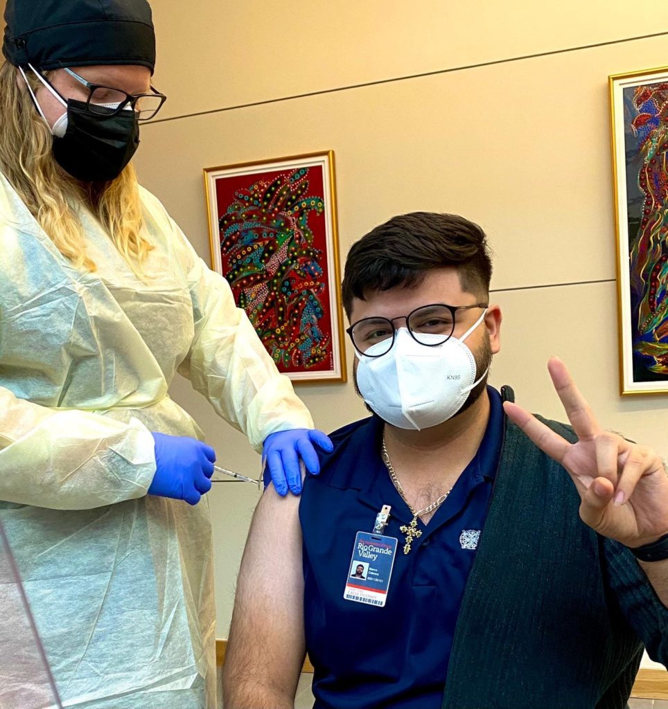 Marco Antonio Cabrera, a clinical laboratory technician at the UTRGV School of Medicine, receives his second dose of the Pfizer vaccine on Jan. 8 at UTRGV. “I think it’s very important to get vaccinated because it not only protects yourself from getting a very serious illness, but it also protects others indirectly,” Cabrera said.  Photo Courtesy Marco Antonio Cabrera