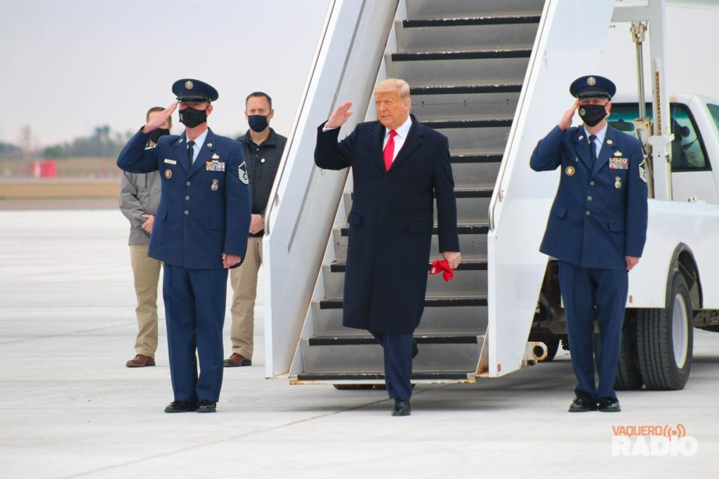 President Donald Trump arrived last Tuesday at the Valley International Airport in Harlingen for his first public appearance since the storming of the U.S. Capitol on Jan. 6. Later, Trump traveled to Alamo and briefly spoke about the addition of the border wall, the prospect of a second impeachment, the Capitol incident and the coronavirus vaccine. Photo Courtesy