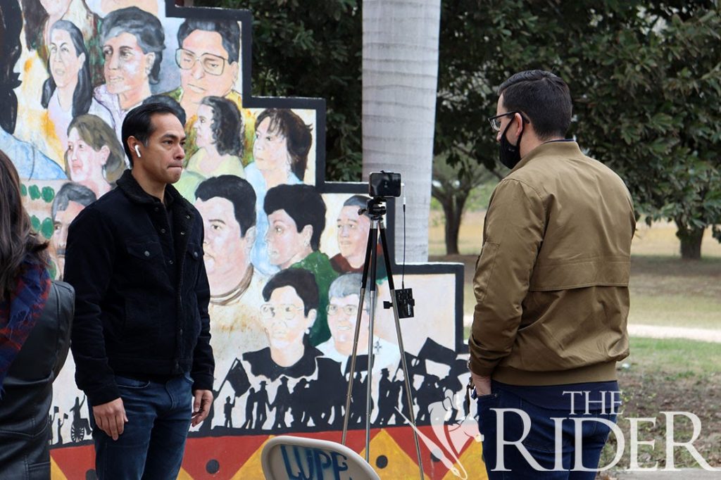 Julián Castro, former U.S. secretary of Housing and Urban Development, gives a live interview after speaking to protesters at La Unión Del Pueblo Entero headquarters in San Juan.