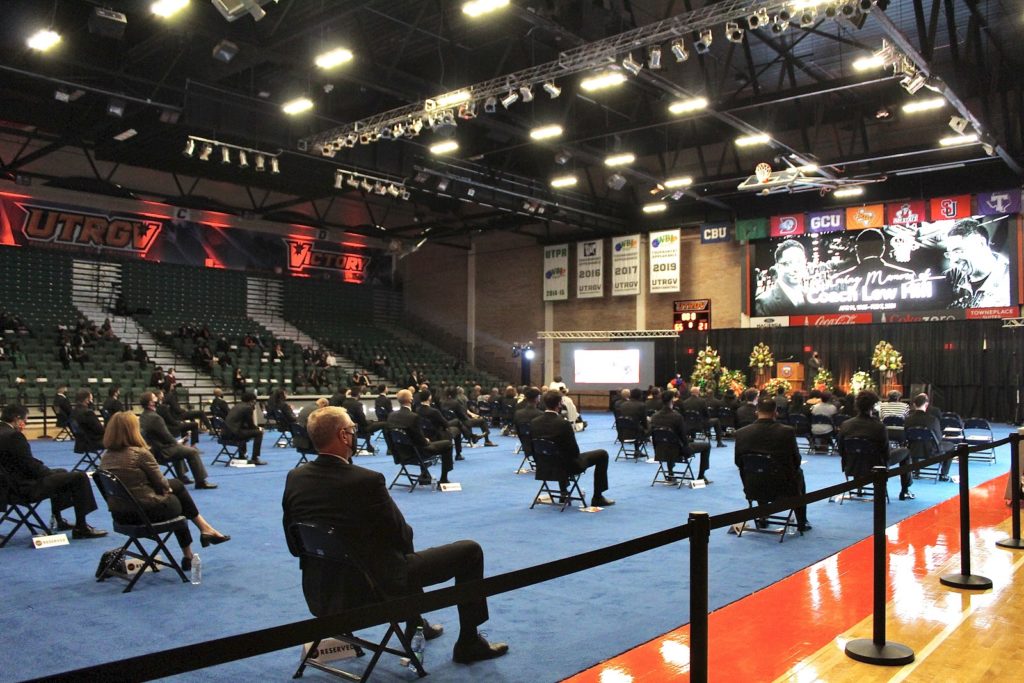 Players, family, faculty and fans honor Coach Lew Hill at his memorial service held this afternoon in the UTRGV Fieldhouse. Jacqueline Wallace/The Rider Photo