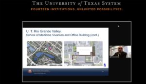 UTRGV President Guy Bailey details a proposal to build a School of Medicine vivarium and office building in Brownsville during this morning’s University of Texas Board of Regents Facilities Planning and Construction Committee meeting. SCREENSHOT TAKEN BY ROXANNA MIRANDA FROM THE WEBCAST OF THE FEB. 24 UT SYSTEM BOARD OF REGENTS MEETING