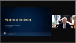 David J. Beck, chairman of the Facilities Planning and Construction Committee, presents items for approval by the University of Texas System Board of Regents on Thursday. The board approved funding for a School of Medicine building on the Brownsville campus. SCREENSHOT TAKEN BY ROXANNA MIRANDA FROM THE WEBCAST OF THE FEB. 25 UT SYSTEM BOARD OF REGENTS MEETING