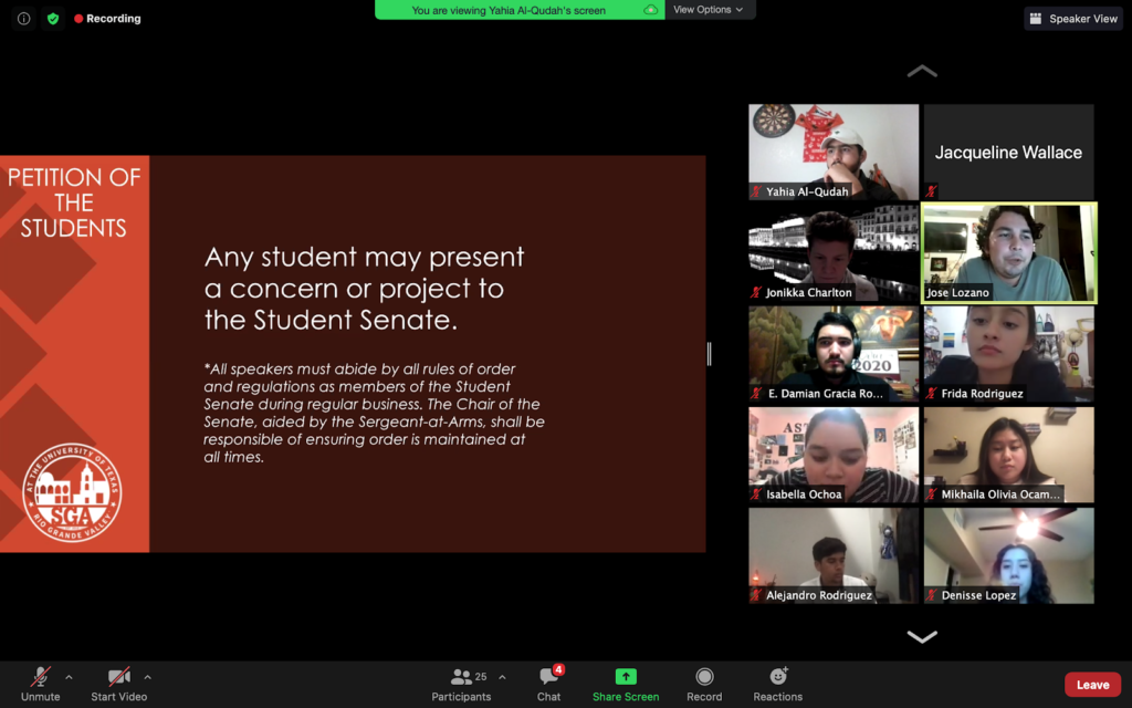 College of Fine Arts Senator Jose Lozano addresses the Petition of The Students during the Student Government Association meeting on Jan. 29 via Zoom. SCREENSHOT TAKEN BY JACQUELINE WALLACE DURING THE JAN. 29 SGA MEETING VIA ZOOM