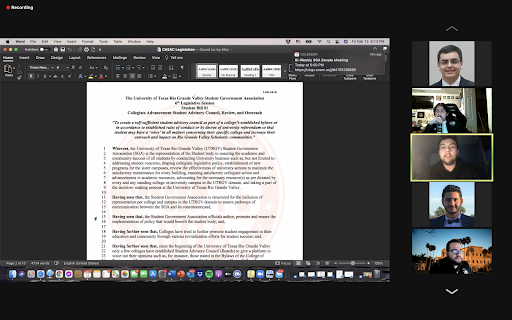 Jose Rojas, First Year Internship director (third from top) introduces the Collegiate Advancement Student Advisory Council Bill to the Student Government Association.    SCREENSHOT TAKEN BY SOL GARCIA DURING THE FEB. 12 SGA MEETING VIA ZOOM