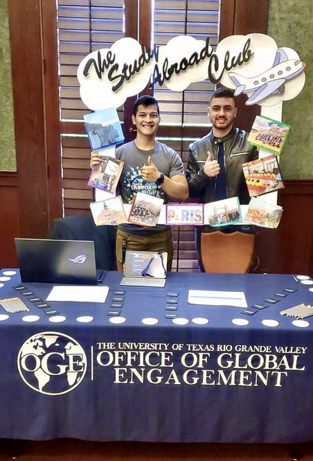 Study Abroad Club President Isidro Zapata and Luis Santana, a work-study at the Office of Global Engagement, showcase the Study Abroad Club during the Multilingual Fest in Brownsville on Nov. 14, 2019.   Photo Courtesy Lizette Leal 