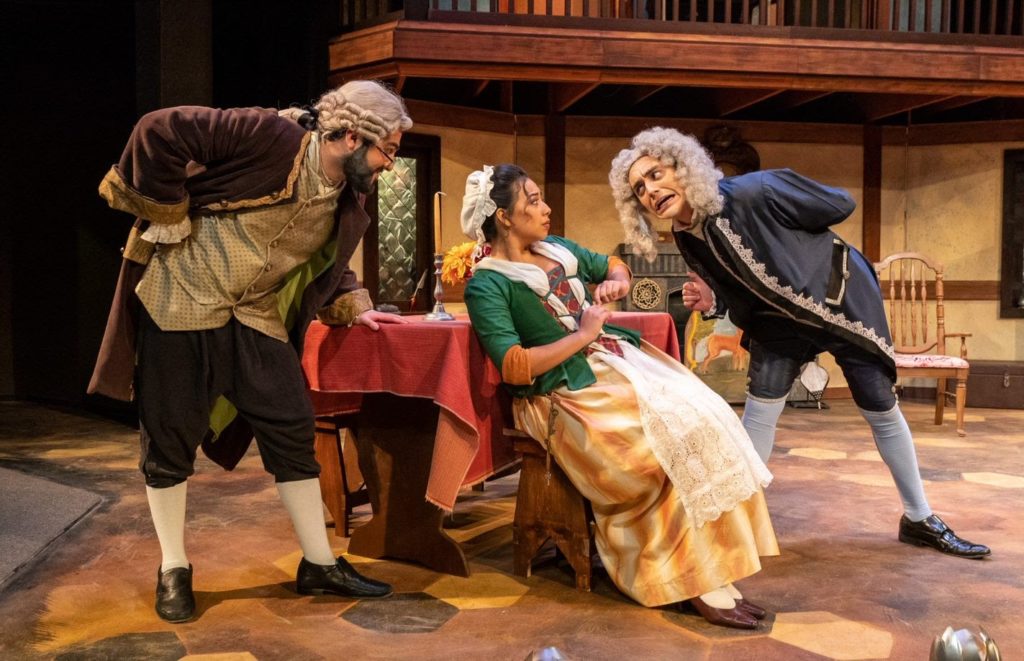 Theatre majors Eric Bailon (from left), Alessandra Almanza and Elijah Hernandez perform “She Stoops to Conquer” in November 2019.   Photo Courtesy UTRGV Theatre Department