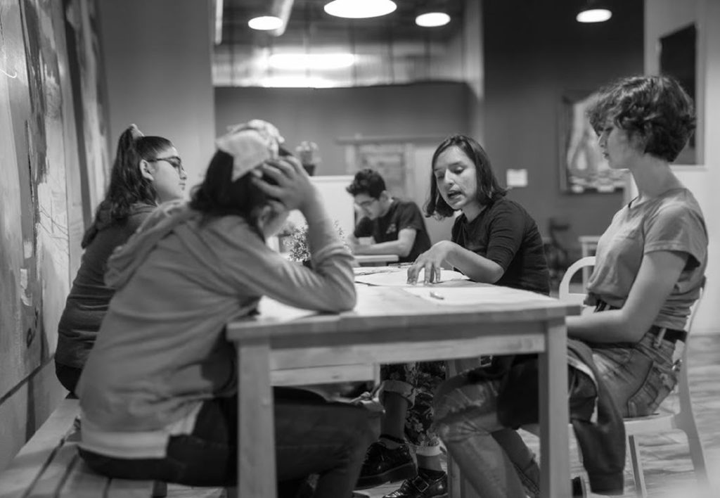 Maria Dolores Alvarado, owner of MDA Acting, teaches her students last year at Society 204 in Edinburg. Shown with Alvarado are (from left) Isabella Garza, Gabriela Garza and Milán Díaz.  Photo Courtesy Maria Dolores Alvarado 