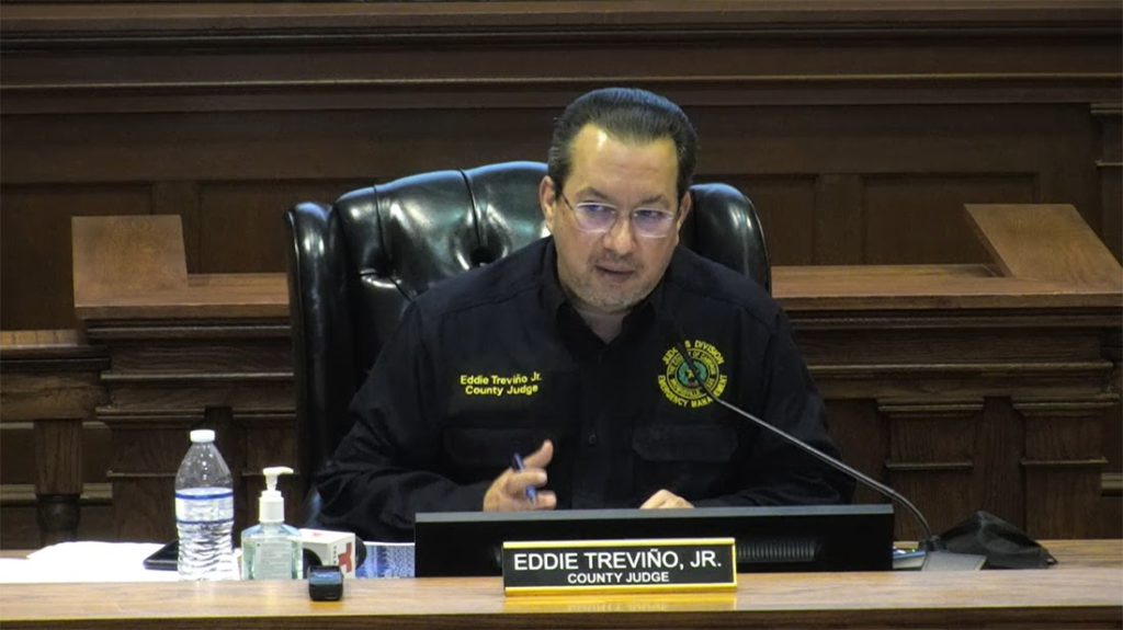 Cameron County Judge Eddie Treviño Jr. speaks during a news conference Monday in the Dancy Building in Brownsville regarding the lifting of the mask mandate in Texas.Treviño asked the public to continue wearing facial coverings. He said he is hopeful that the county will receive doses of the Johnson & Johnson vaccine later this week. SCREENSHOTS TAKEN BY ROXANNA MIRANDA FROM THE LIVESTREAM OF THE MARCH 8 CAMERON COUNTY NEWS CONFERENCE