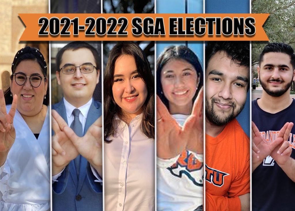 Shown (from left) are Edinburg vice presidential candidate Daniela Ramirez, presidential candidate Michael White, Brownsville vice presidential candidate Leticia Irene Villarreal, Edinburg vice presidential candidate Anacette Cantu, presidential candidate José Pablo Rojas and vice presidential candidate Yahia Omar Al-Qudah. Roxanna Miranda/The Rider Photo Illustration