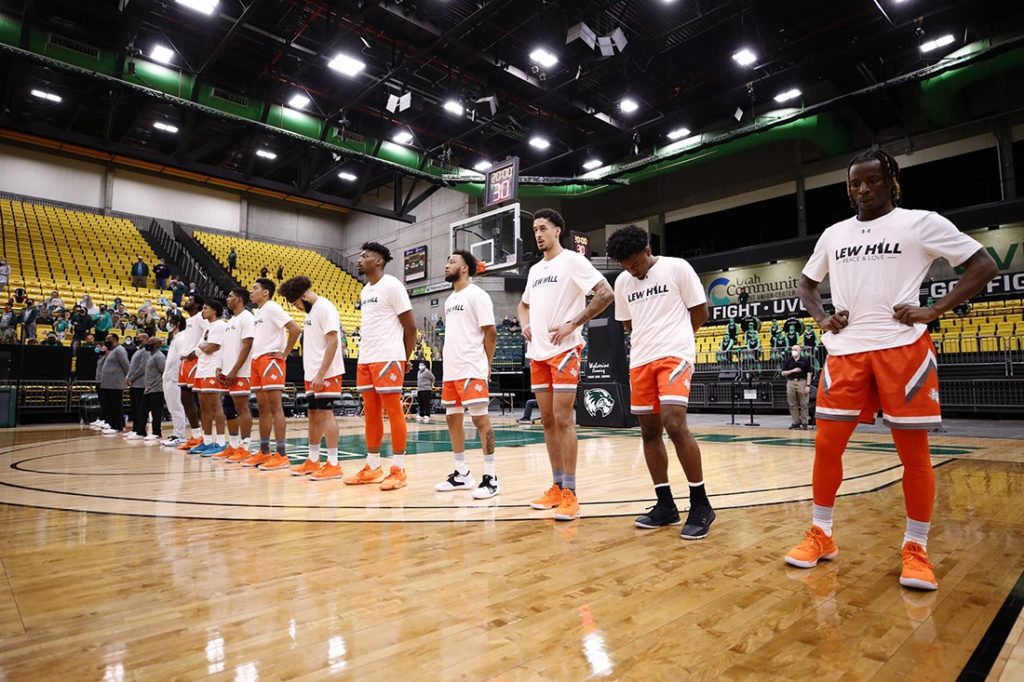 UTRGV basketball players wear the shirts to honor Coach Hill on Mar. 11 during this year’s WAC tournament quarterfinals against New Mexico State at the Orleans Arena in Las Vegas.  