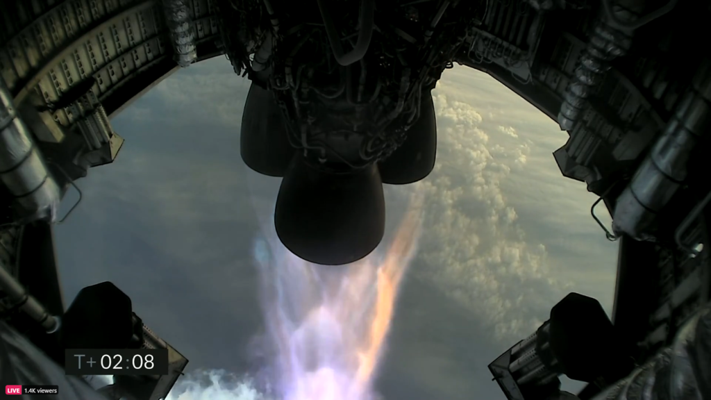 SN11 is shown seconds before its first Raptor engine was turned off. The SpaceX livestream lost video near the six-minute mark and Starship exploded shortly after. SCREENSHOT TAKEN FROM THE SPACEX LIVESTREAM 