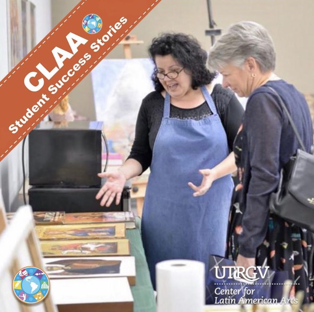 Master of fine arts student Olga Alanis speaks with Nana Smith, wife of University of Texas System Chancellor J.B. Milliken.   UTRGV Center for Latin American Arts Instagram