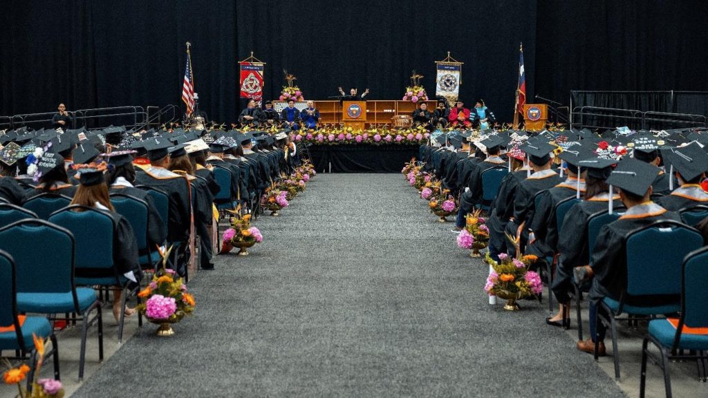 UTRGV students and administrators are shown during the May 11, 2019, Spring Commencement for the College of Fine Arts and the College of Liberal Arts, which was held at the McAllen Convention Center. Paul Chouy/UTRGV Marketing and Communications