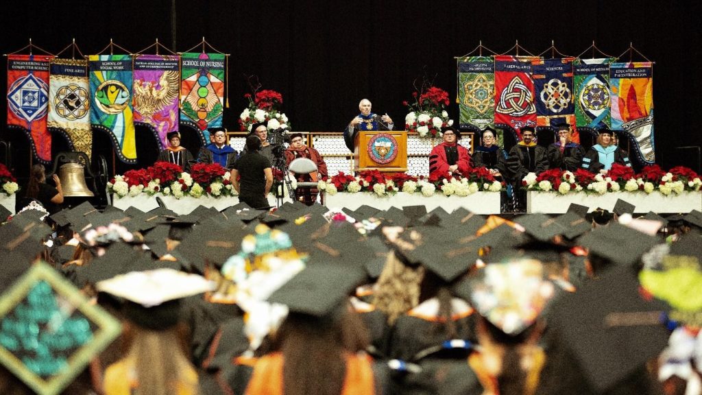 UTRGV students and administrators are shown during the Dec. 14, 2019, Winter Commencement for the Robert C. Vackar College of Business & Entrepreneurship, College of Health Professions, School of Nursing and School of Social Work, which was held at the Bert Ogden Arena in Edinburg.   Paul Chouy/UTRGV Marketing and Communications