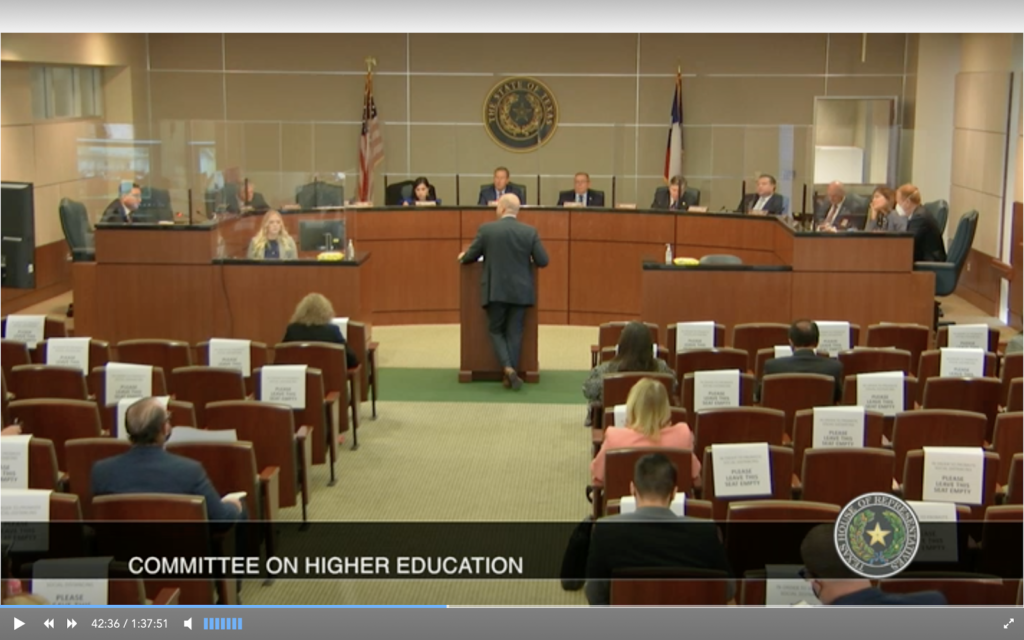 Rep. Armando Martinez (D-Weslaco) stands in front of the Texas Higher Education Committee March 25 during its meeting in Austin. Martinez presented House Bill 695, which would allow for a university system to build a law school in the Rio Grande Valley. “The only way we can offer an opportunity for students and the brightest minds in the Rio Grande Valley is by offering them a good education,” he said. “That education comes with law schools.” SCREENSHOT TAKEN BY JACQUELINE PERAZA FROM LAST THURSDAY’S TEXAS HIGHER EDUCATION COMMITTEE MEETING WEBCAST