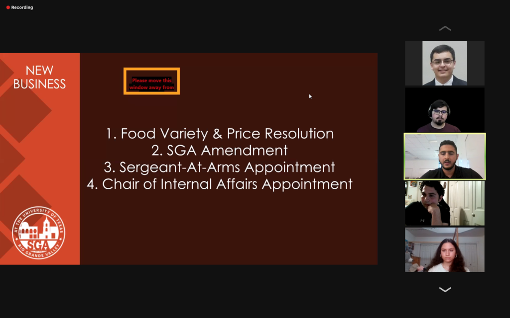 The Student Government Association passed the Food Variety and Price Resolution, which addresses food accessibility on campus, and approved a constitutional amendment during its meeting last Friday. SCREENSHOT TAKEN BY SOL GARCIA DURING THE APRIL 9 MEETING VIA ZOOM