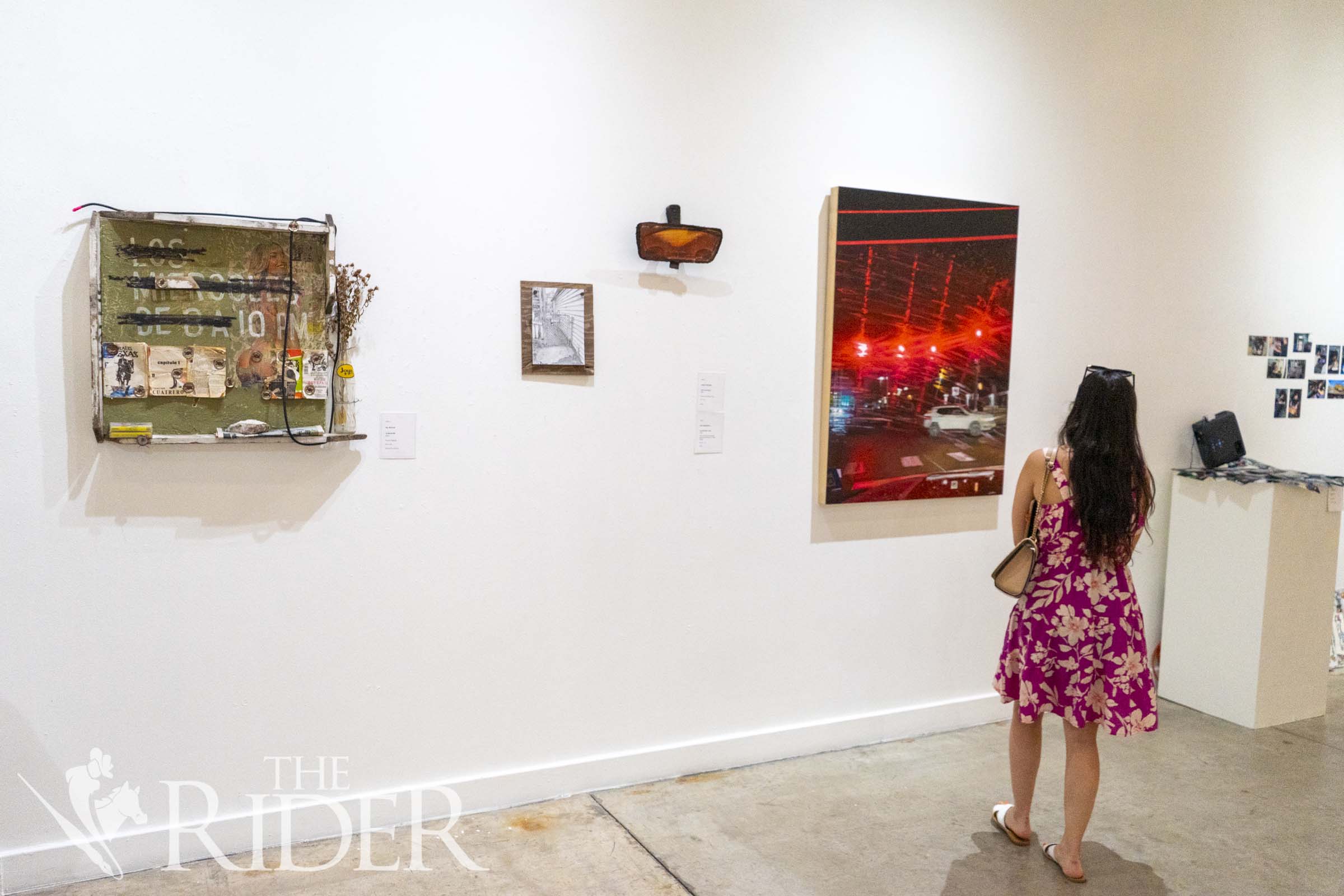 A museum visitor contemplates a piece by Allan Gindic, “Right On Gayle” (oil on cradled wood). Eduardo Escamilla/THE RIDER