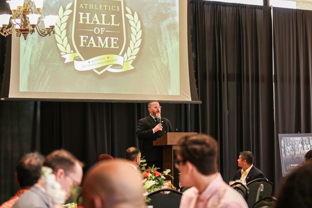 Tony Forina, UTRGV home game announcer and assistant athletic director for Development, serves as master of ceremonies at the 2024 Hall of Fame Induction ceremony March 23 in the University Ballroom on the Edinburg campus. PHOTO COURTESY KRISTELLA CRUZ