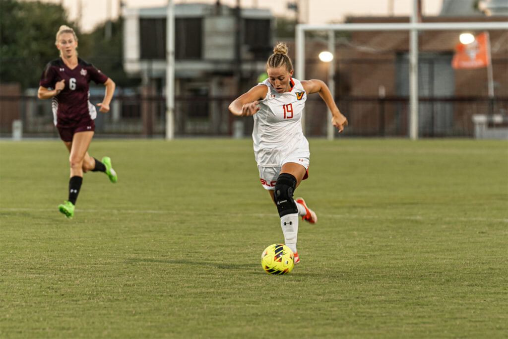 Midfielder and forward Savannah Frisby dribbles during an Aug. 15 match against Texas Southern College at the UTRGV Soccer and Track & Field Complex on the Edinburg campus. PHOTO COURTESY UTRGV ATHLETICS