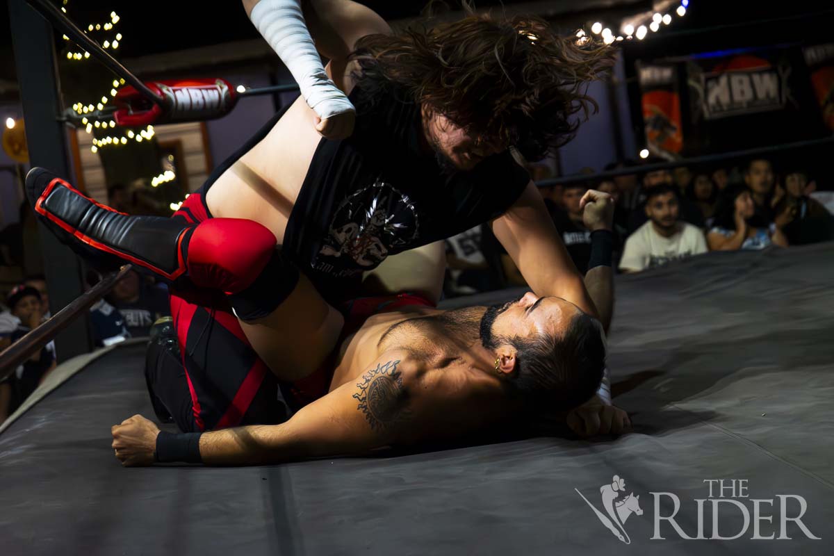 In a rage, Jonathan Douglas pins down Iggy Trip in a last-man-standing match, where the loser leaves New Breed Wrestling for good, on Sept. 8 at the Landmark on Tower, located at 103 N. Tower Road in Alamo. Eduardo Escamilla/THE RIDER